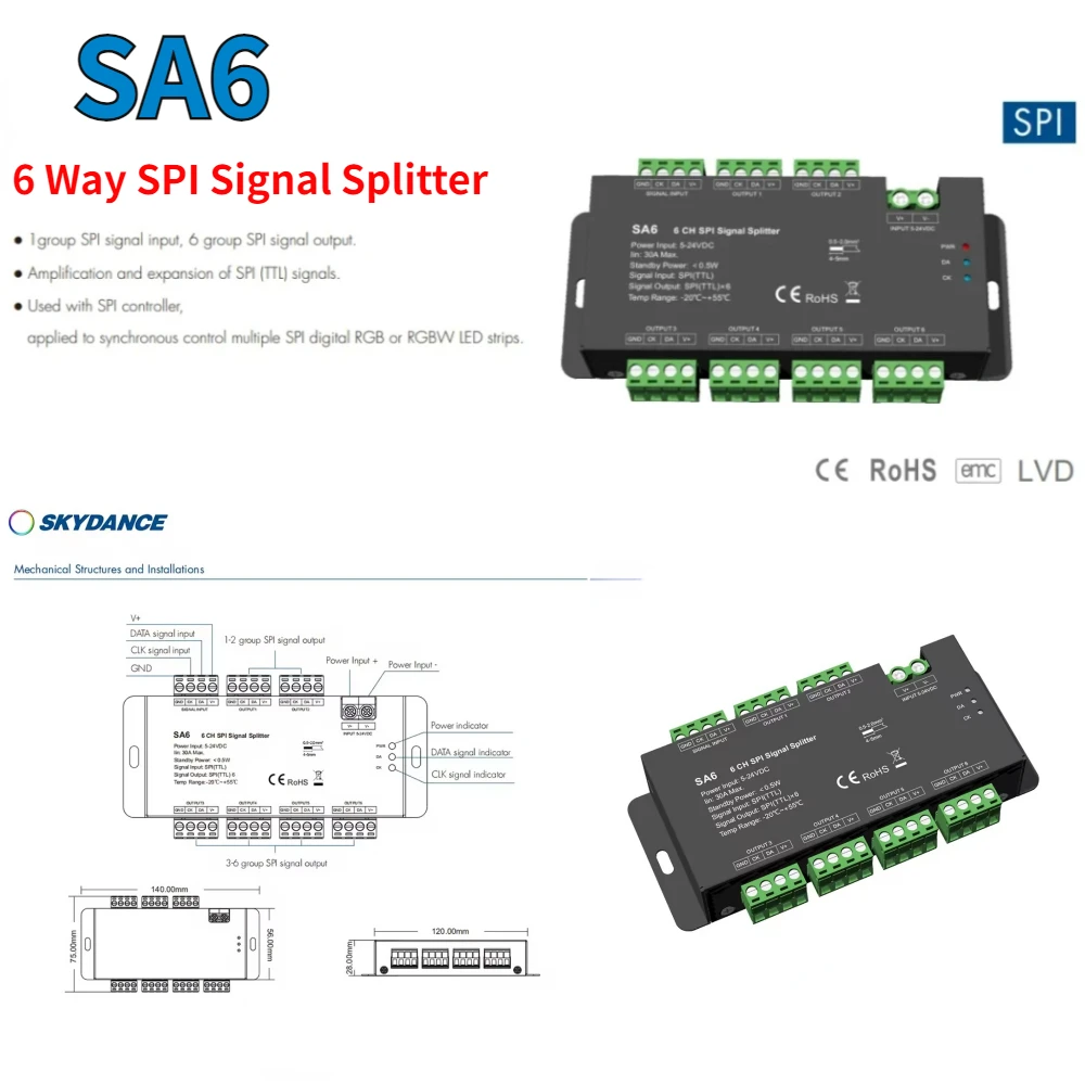 NEW SA6 6 Way SPI Signal Splitter 6CH TLL Amplifier Repeater For WS2811 WS2812 2813 2815 RGB RGBW Addressable LED Strip 5-24VDC