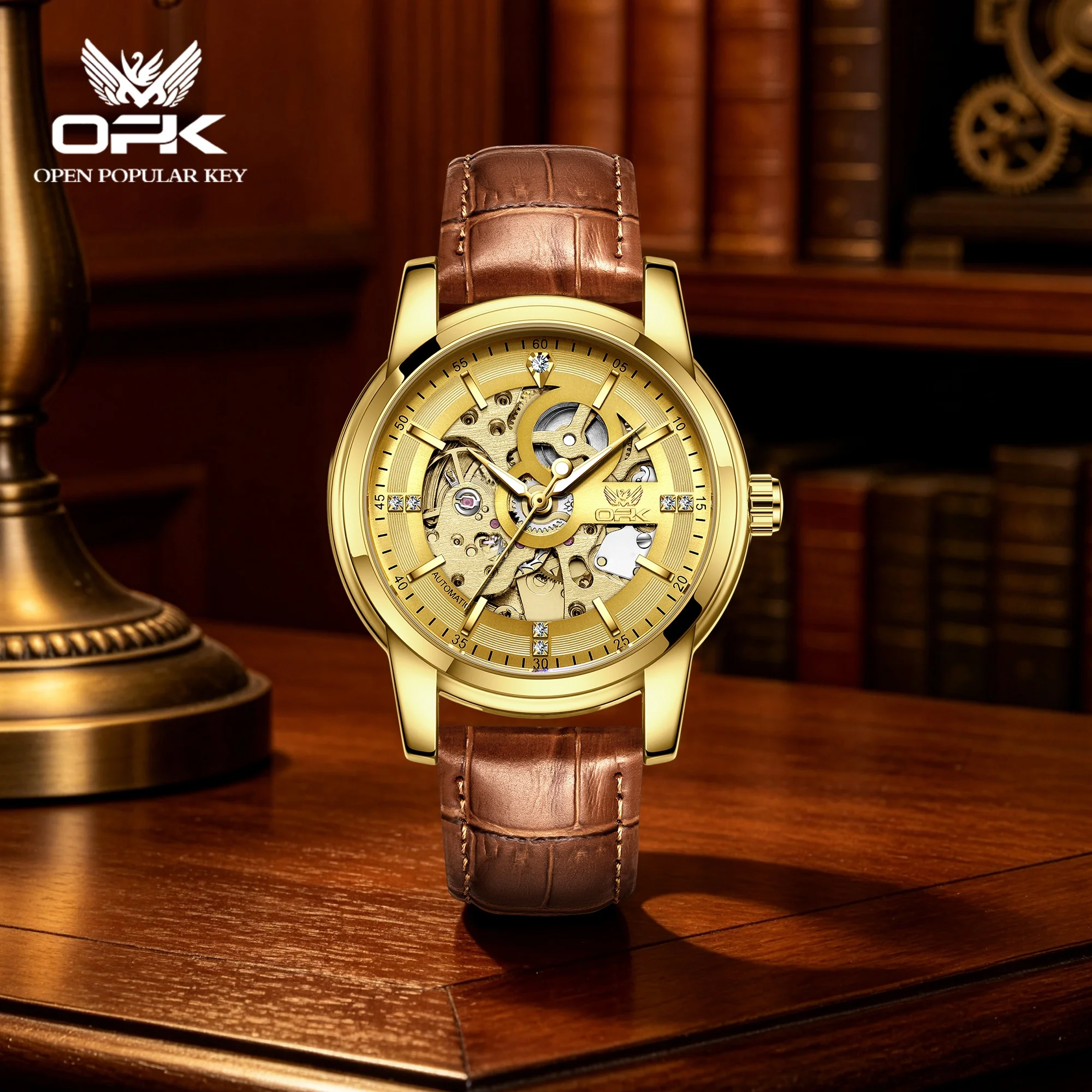 

OPK 6101 Automatic Mechanical Movement Watch For Men Skeleton Dial Leather Strap 30m Waterproof Watch For Men