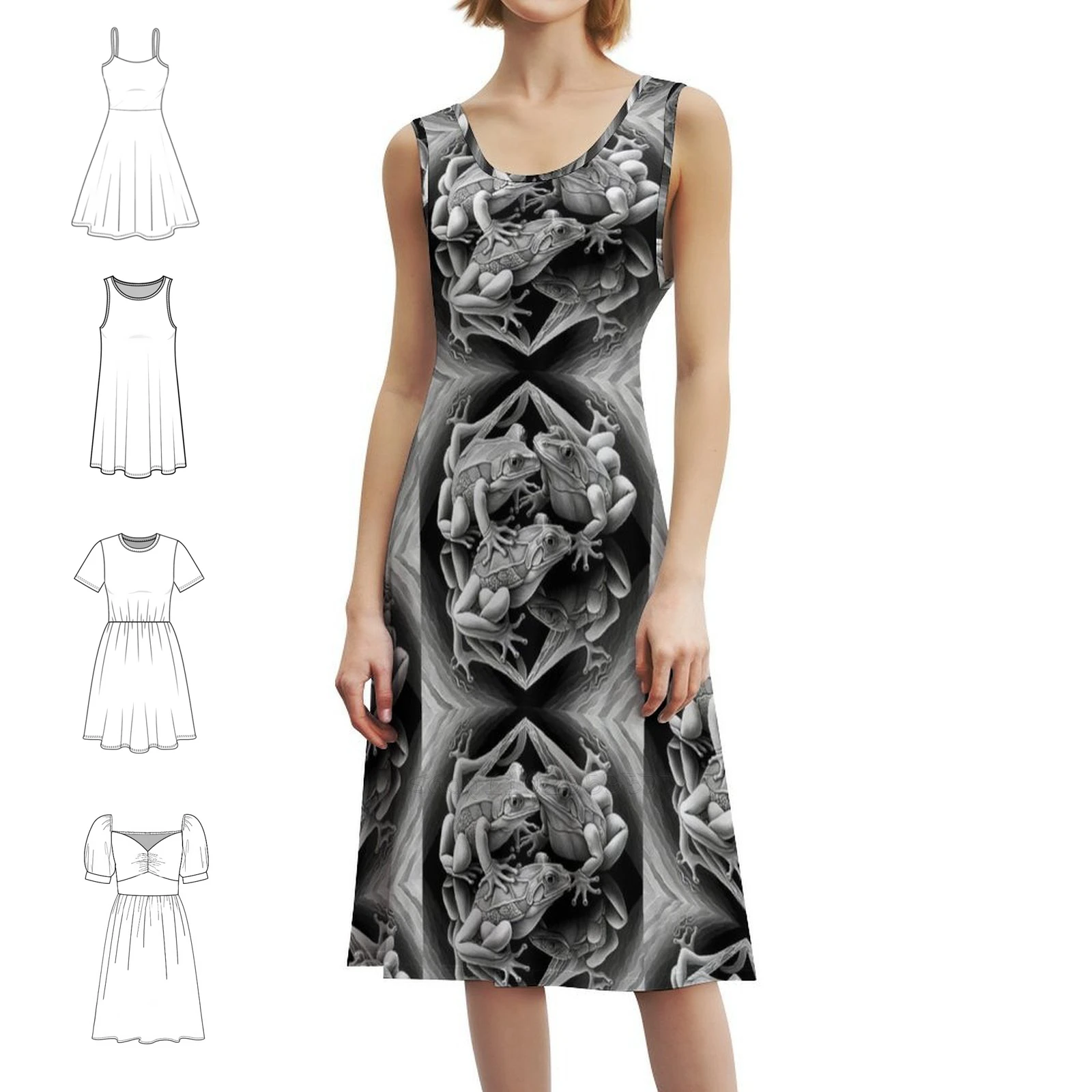 

Escher Inspired Intertwined Frogs-Digital Drawing Vintage Bohemian Dress Puff Sleeve Or Sleeveless Options For Women Dress Mc