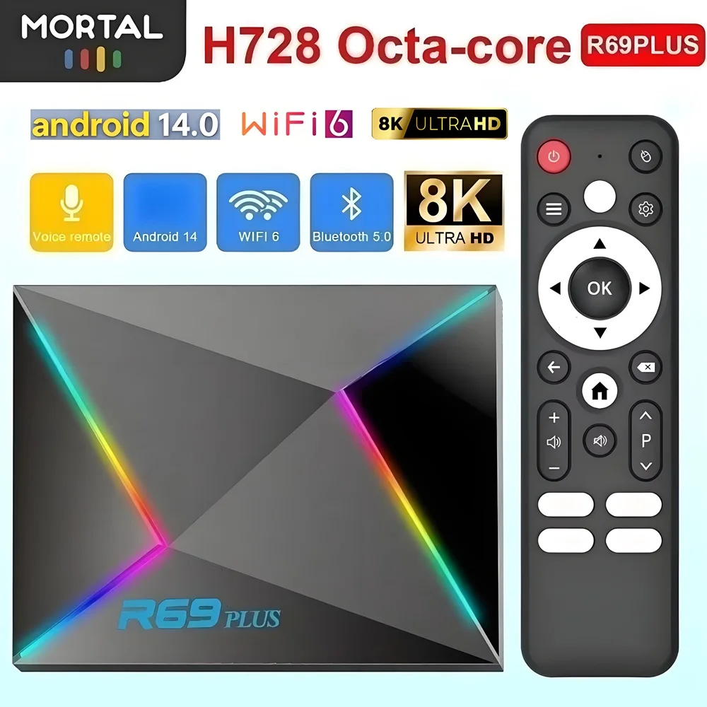 R69 Plus TV-Box Android14 Ultra Sprachsteuerung HDR10 8K Allwinner H728 Octa-Core 1000M LAN WIFI 6 BT5.0 Media Player Set-Top-Box