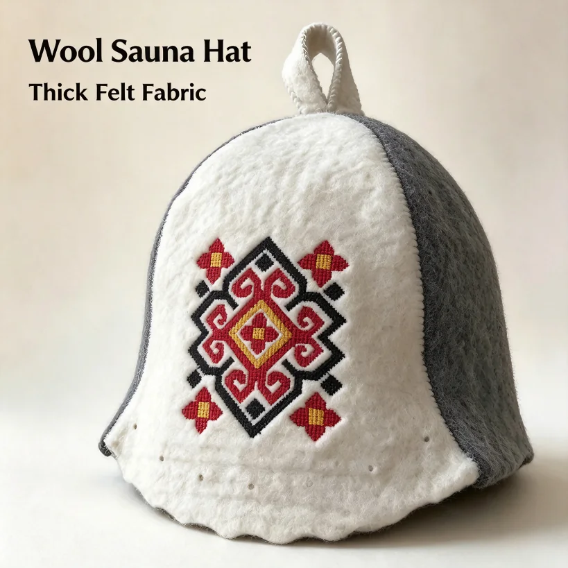 Wool Embroidered Sauna Hat for Men Women, Ethnic Bath Cap Heat Protection Head Cover for Banya Steam Room Spa, Unisex
