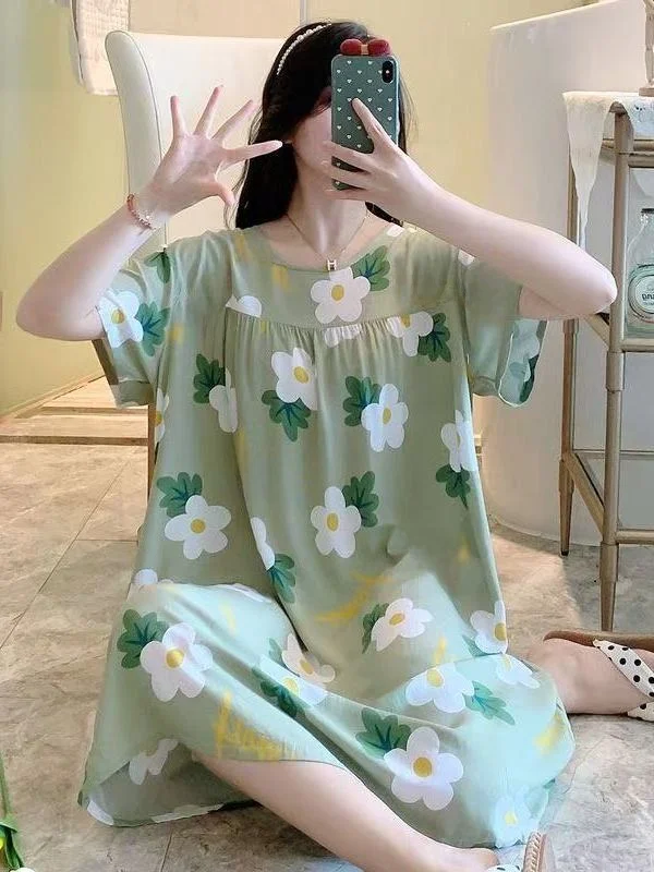 Summer Pure Cotton Short Sleeve Women's Nightgown Thin Home Clothes Pregnant Women's Sleepwear Korean Style Printed Casual Home