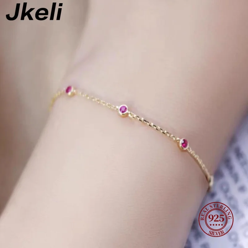 Imagen 7: Jkeli-Mini pulsera de plata de ley 925 para mujer, brazalete de cadena exquisita de lujo, cuatro redondos, rubí, circón, nicho de moda