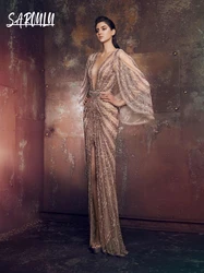 Delicate Deep V Neck Evening Dress With Belt Illusion Beads Sequined Shimmering Cocktail Customized New Arrival Women Party Wear