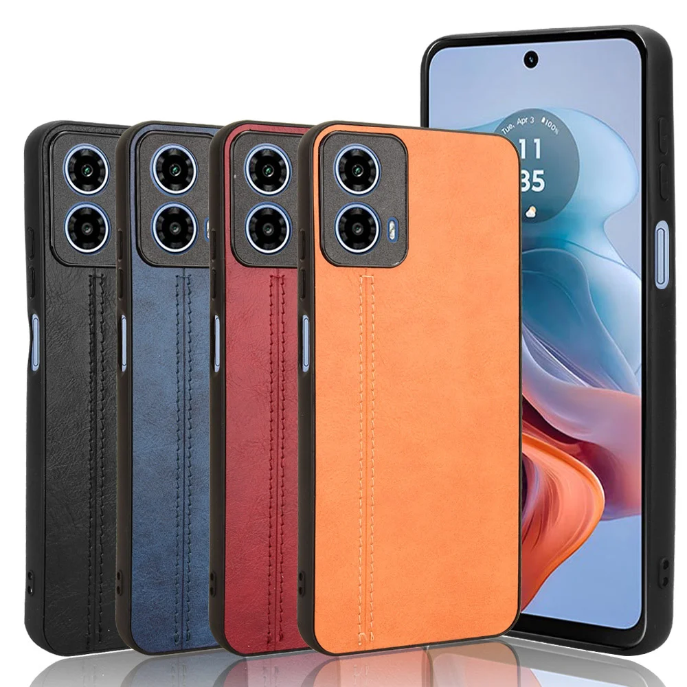 For Moto G34 Case Luxury Calfskin PU Leather lines Hard Back Cover Case For Moto G34 G 34 MotoG34 Phone Case