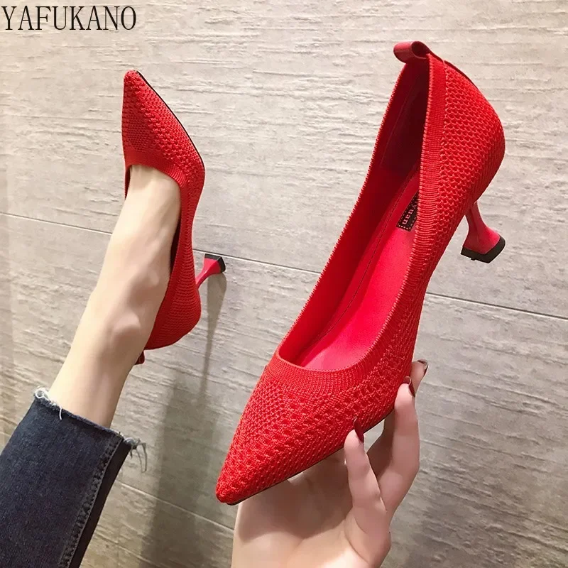 Ol Office Lady Shoes High Heels Knit Stretch Fabric Pumps Women Dress Shoes Black Basic Pump Pointed Toe zapatos mujer Spring