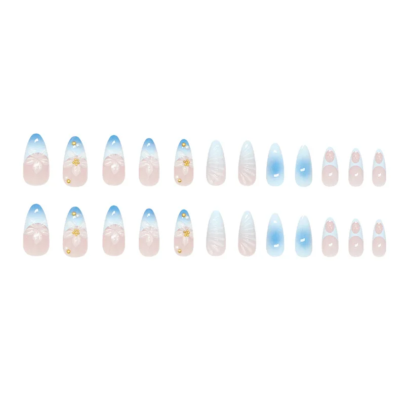 24PCS Three Dimensional Water Ripple Blue Gradient Fake Nail French European and American Ins Style Press on Nails