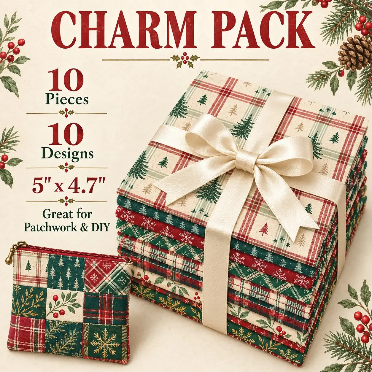 10Pc/Set Christmas Series Plaid Tree Rhombus Fat Quarter Fabric, Pre-Cut Square Fabric Assort, Fabric Set, Craft Fabric, Handmad