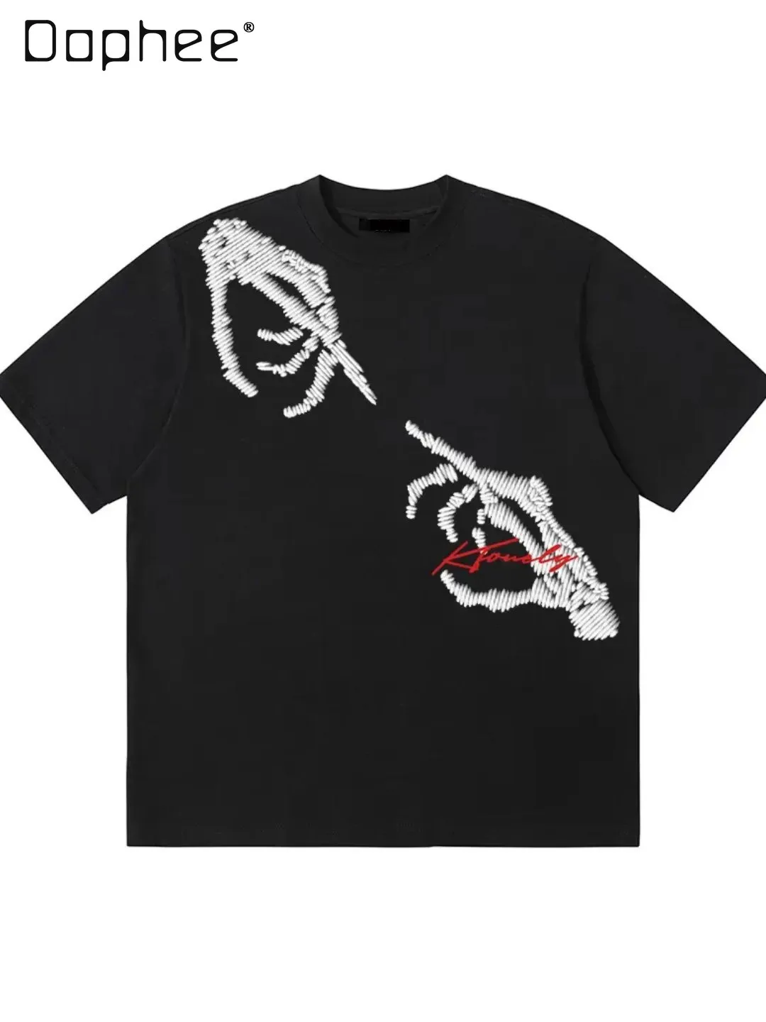 Summer Black Abstract Textured Line Hand Print T-Shirt Men Streetwear Loose Daily Casual White Gray Short Sleeve Top