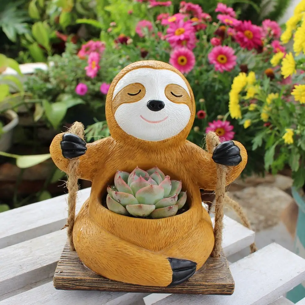 Simple Exquisite Sloth Swing Flower Pot Unique Rural Resin Sloth Sculpture Handmade Animal Hanging Planter Pot Outdoor