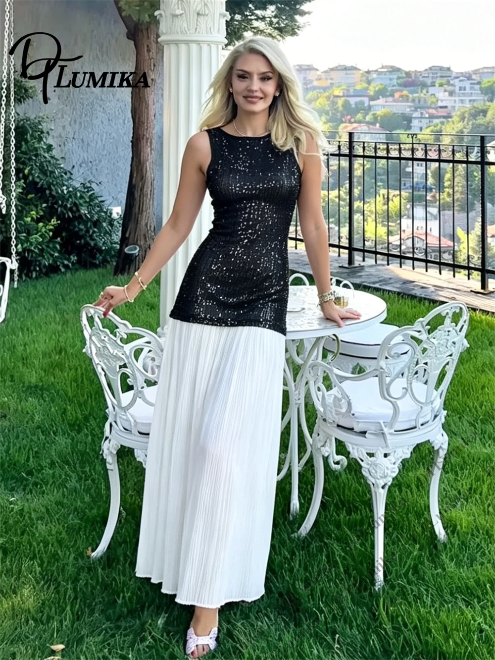 DTLumika 2026 New See Through Women's Long Party Dress, Wedding Guest Dresses, Black & White Sheath Evening Dress Cocktail