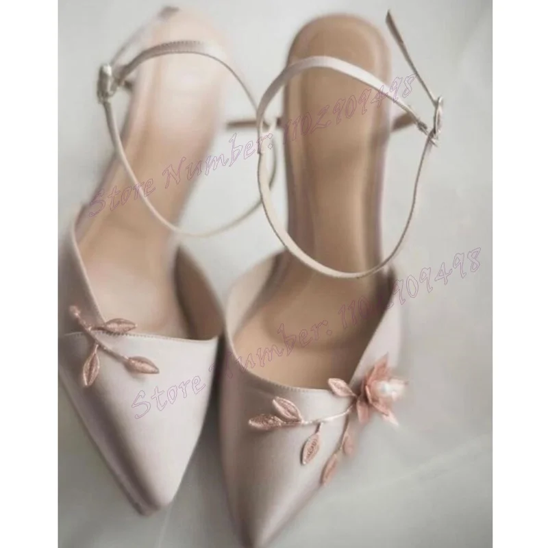 

Pink Flower Pearl Satin Pumps Ankle Strap Pointy Toe Shoes for Women Stilettos High Heels Wedding Shoes 2024 Zapatos Para Mujere