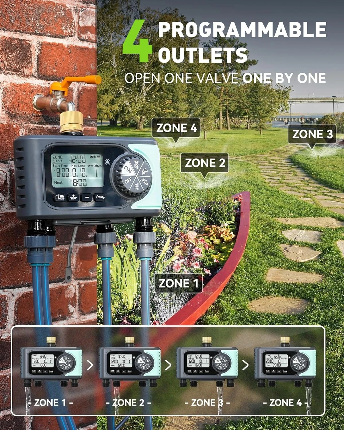 

Sprinkler Timer, 4 Outlets Hose Timer with Brass Inlet with Rain Delay/Manual/Automatic Controller System