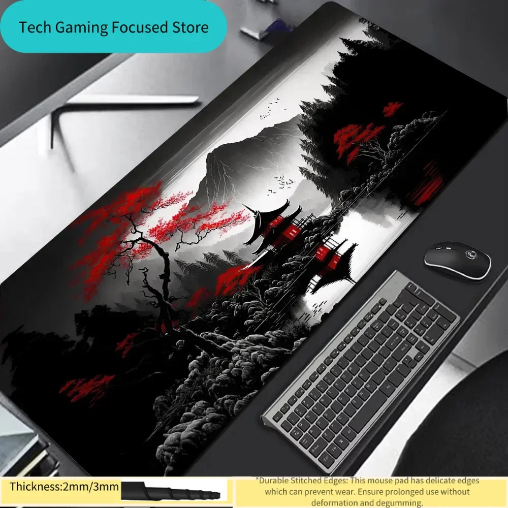 

Игровой коврик для мыши XXL с японским пейзажем в стиле туши, красным кленом и пагодой, настольный коврик с прошитыми краями, толщина 2 мм/3 мм