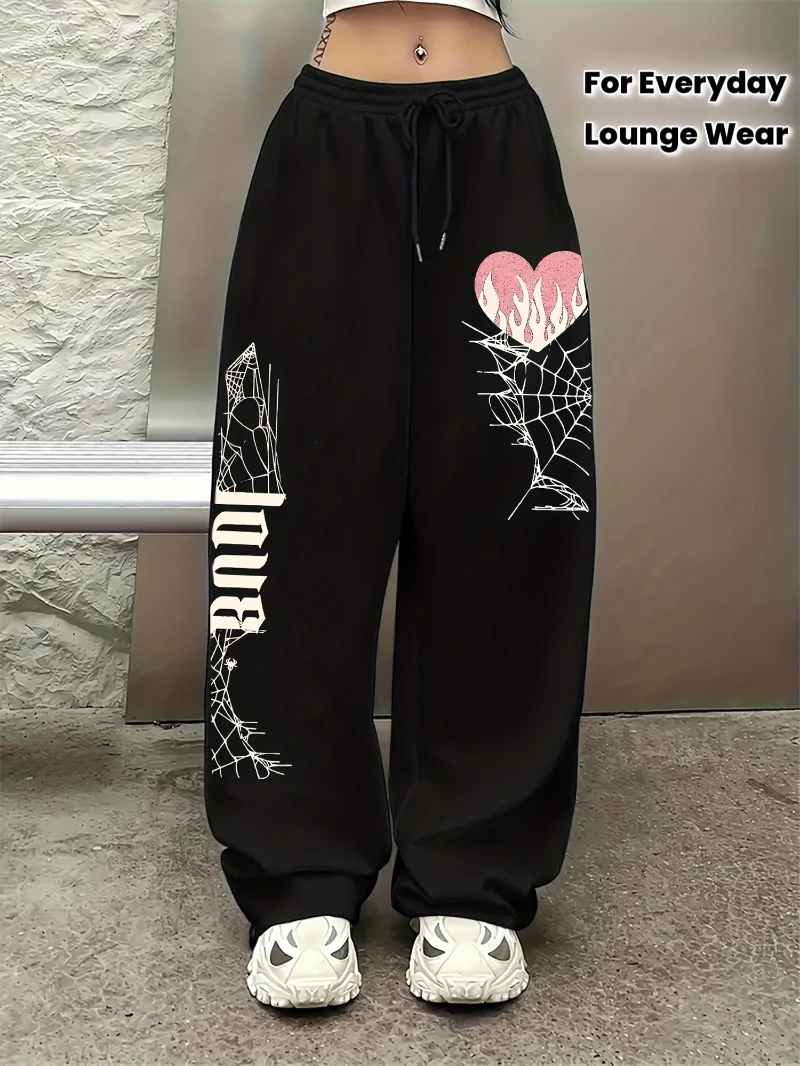 

Черные брюки Свободного кроя Повседневные брюки с рисунком паутины в форме сердца, эластичный пояс на шнурке, бегуны из полиэстера, которые можно стирать в машине