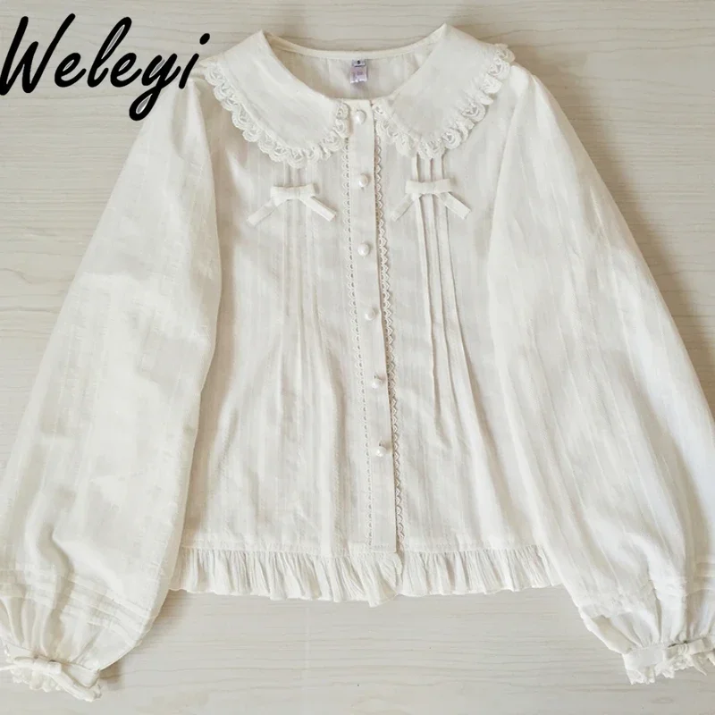 

Pure Cotton Lolita Sweet Bow Velvet Shirt Ladies Original Inner Doll Collar Blouse Female Versatile Long-sleeved White Shirts