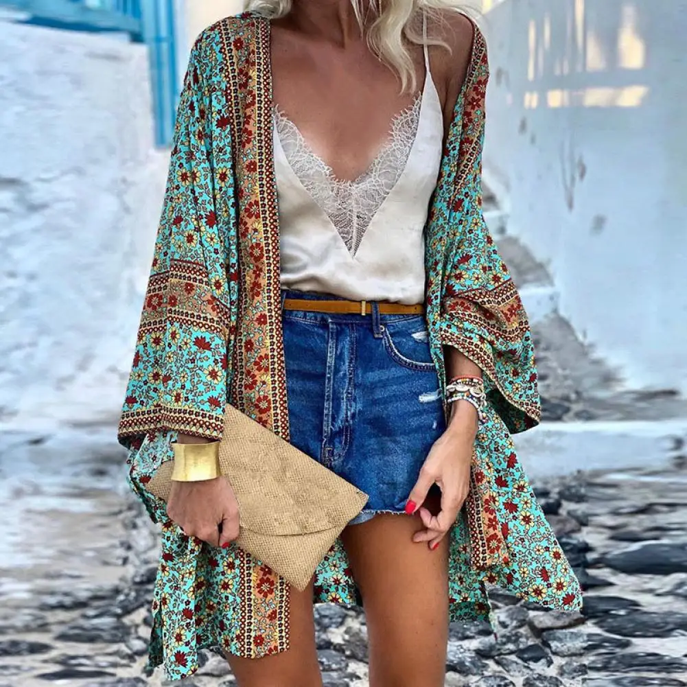 Boho Cardigan Quick Drying Skin-touch Anti-shrink Summer Open Front Bohemian Floral Printed Shirt Summer Cardigan Simple