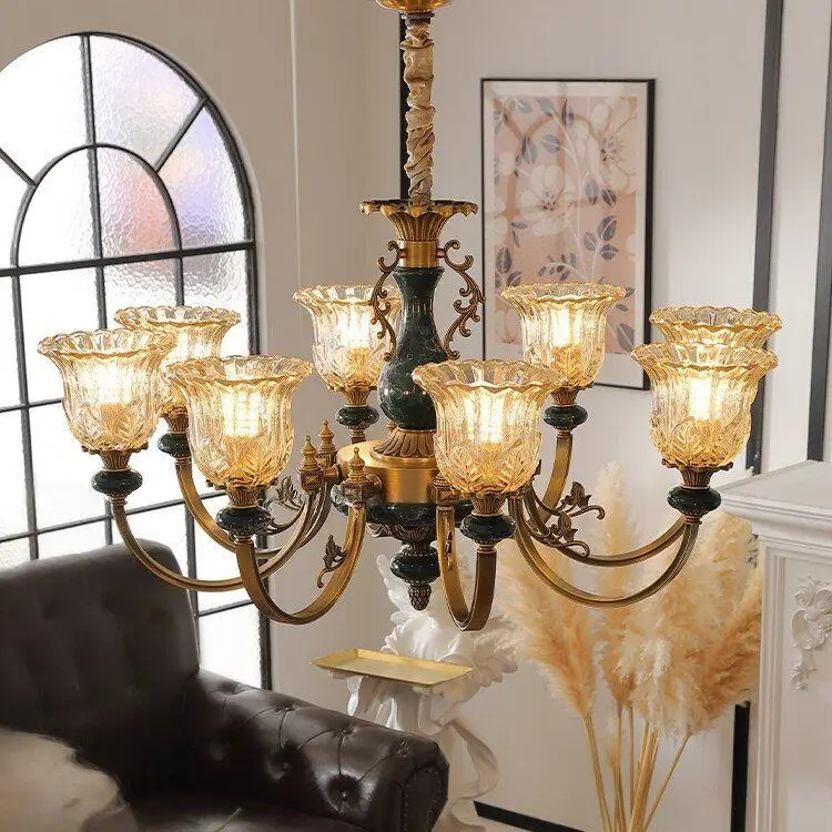 All copper retro living room light luxury chandelier high-end villa dining room light