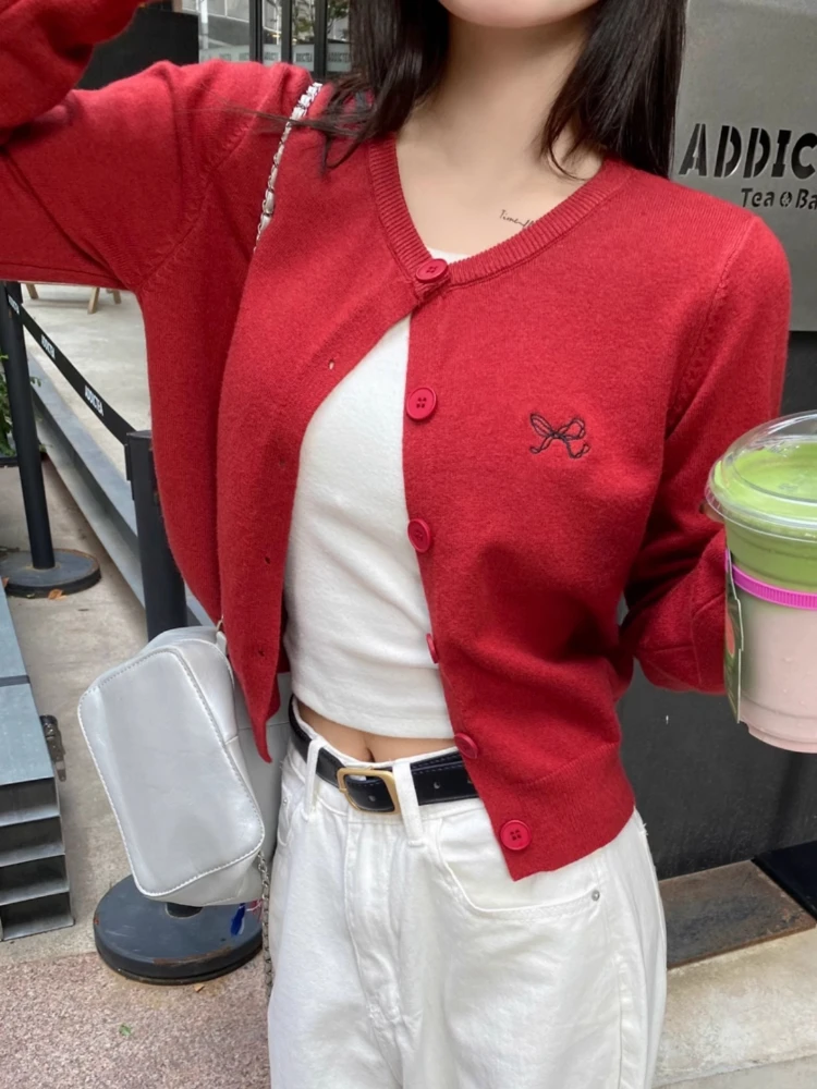 zjaiss Lazy Fit Long Sleeve Sweater 2026 Autumn Winter Red Embroidered Knit Women Cardigan Outerwear Casual Cover Up