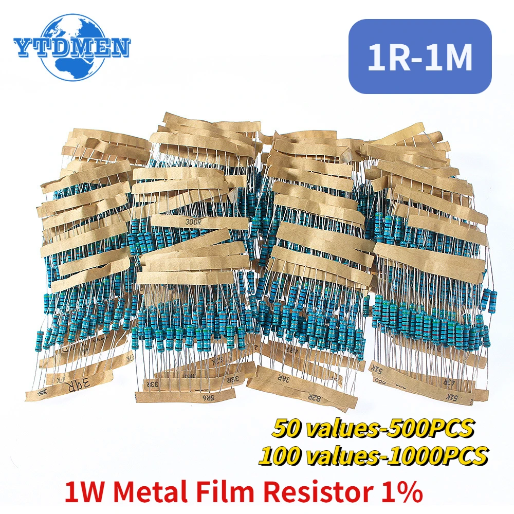 

50 Values 1W Resistor Pack Metal Film Resistor 1% Diy Assorted Kit 1R-1M Ohm 5-color Ring Resistance Set Diy Electronic Kits