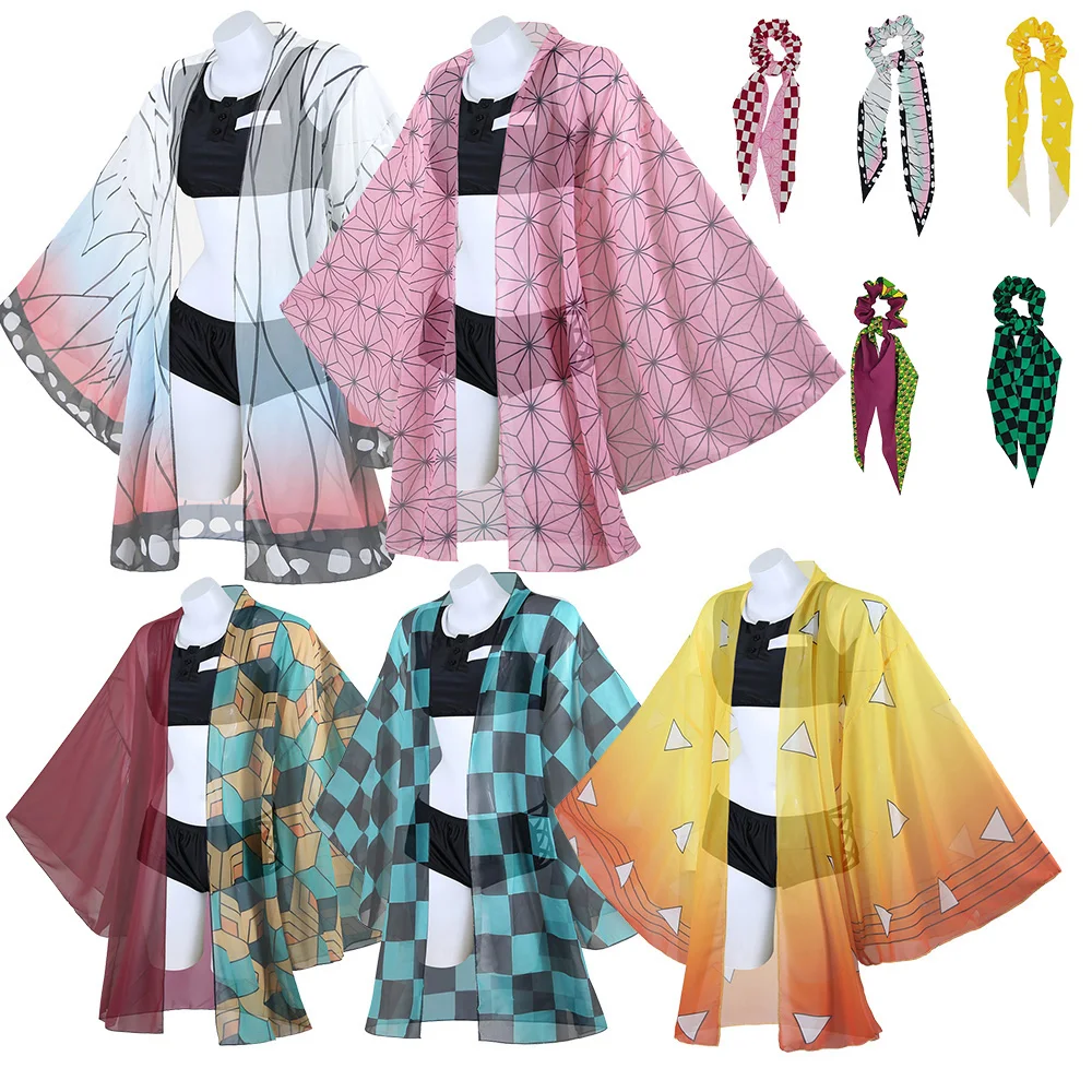 

Demon killer Shinobu Nezuko Cosplay Bikini Beach Swimming cloak with hairband Doujin Anime Comic Party Suit