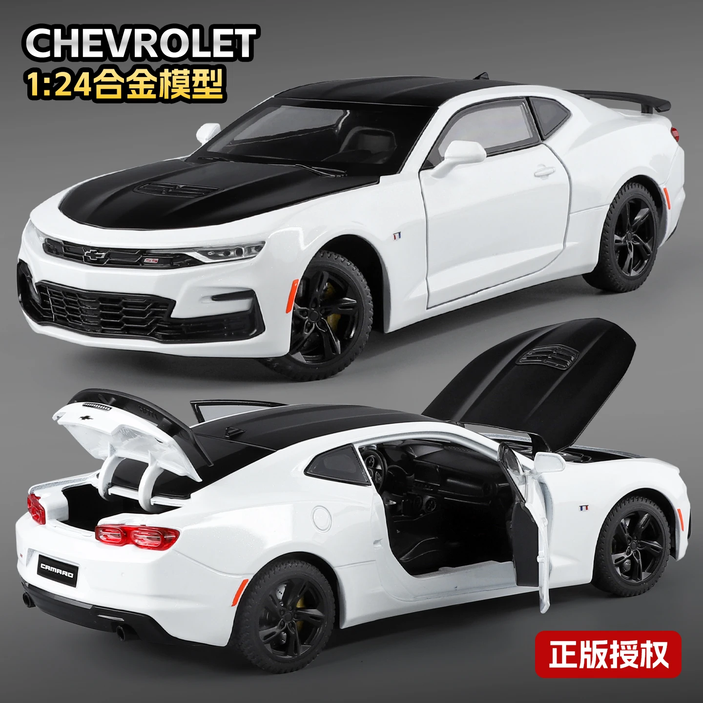 1:24 Camaro SS Sports Car Model Diecast Alloy Toy with Sound and Light Doors Opened Pull Back Miniature Vehices Ornament