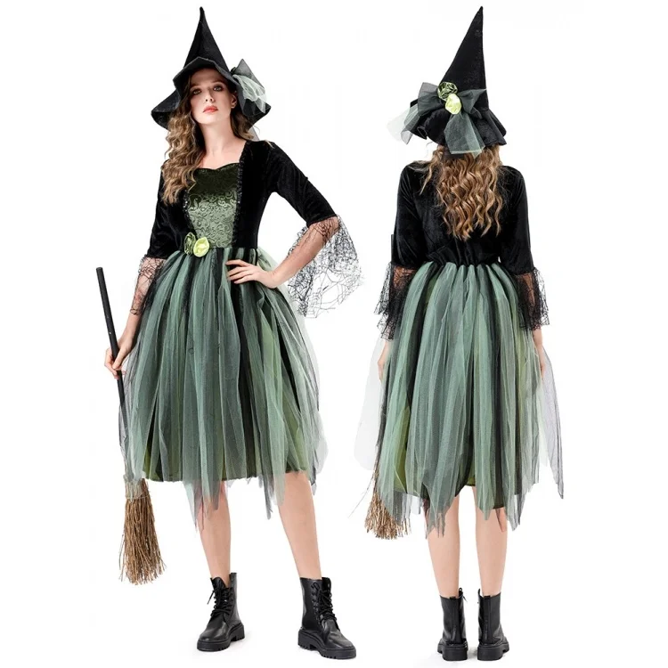 大人用グリーンワイルドウィッチコスチュームドレスハロウィンロールプレイング服ステージパフォーマンスおとぎ話テーマ女性用ドレス