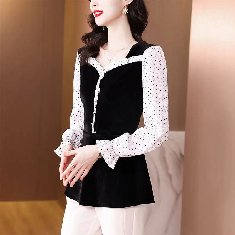 Sweet Fashion Female Polka Dot Print Spliced Shirt Autumn New Elegant Women\'s Clothing Fake Two Pieces Slim Square Collar Blouse