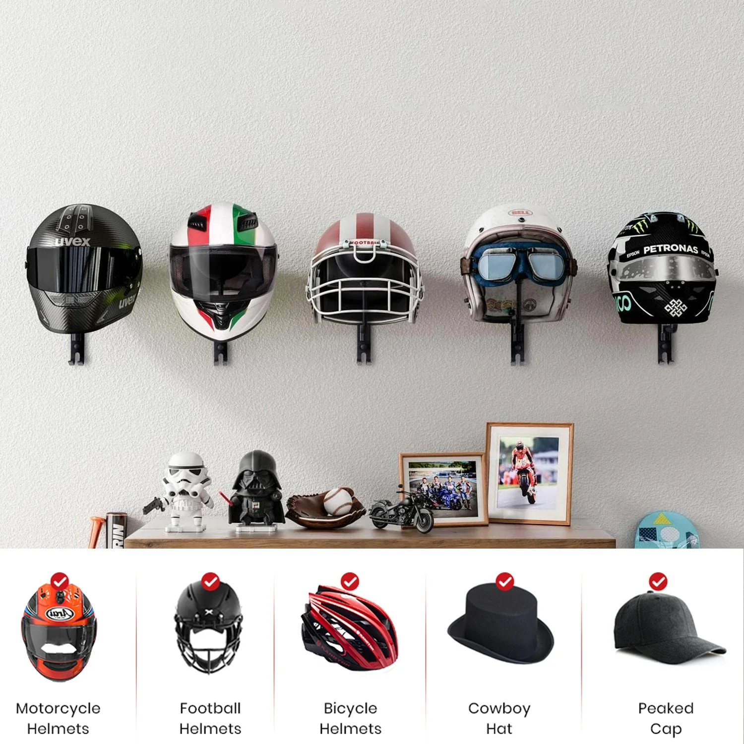 Motorcycle Helmet Rack Wall Mount Helmet Holder 180° Rotation Helmet Hanger With Hooks For Coats Caps Bike Baseball Rugby Helmet