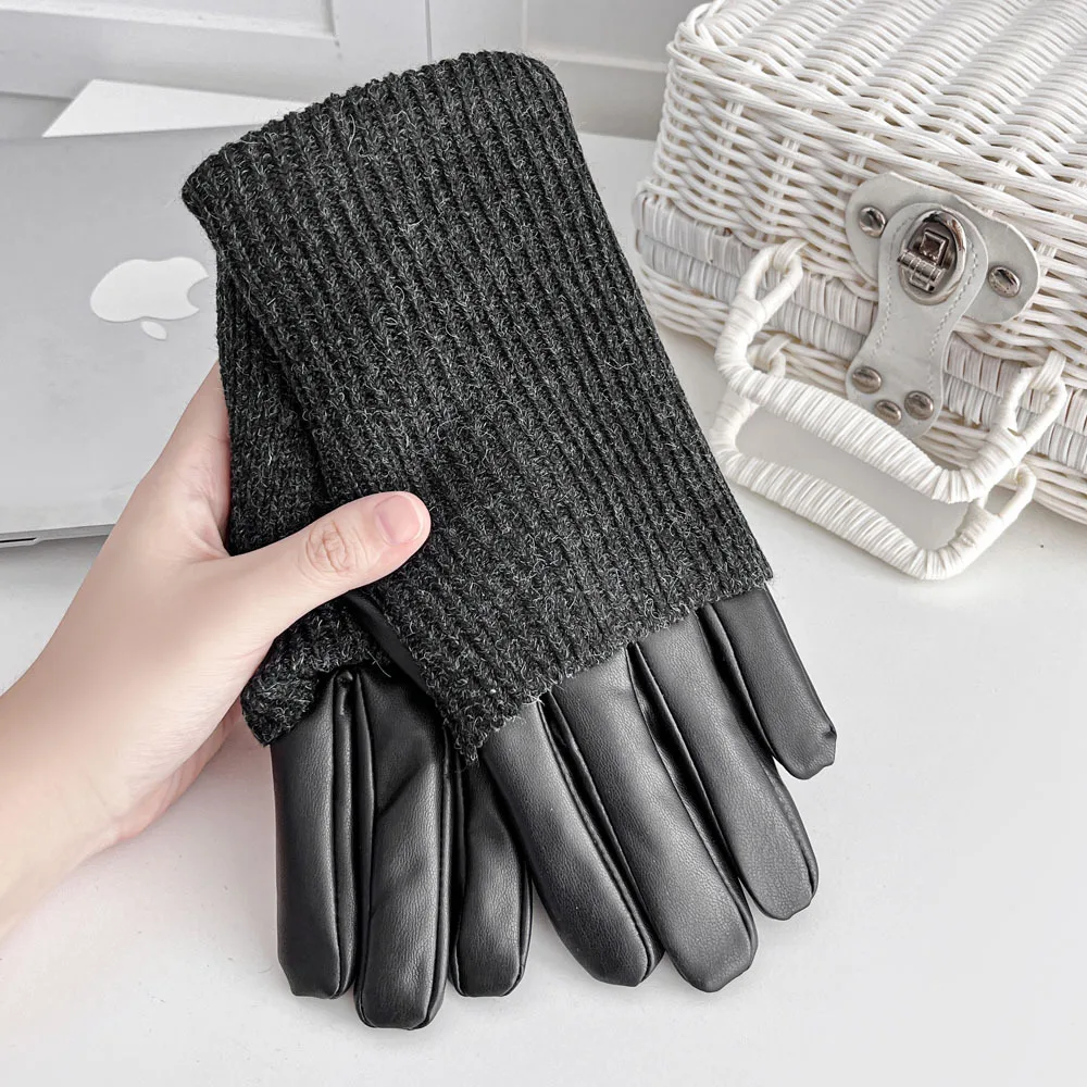 Rękawiczki ze skóry PU, damskie, z aksamitną podszewką, haftowane wzorem w romby, dwufunkcyjne, modne i ciepłe rękawiczki zimowe.