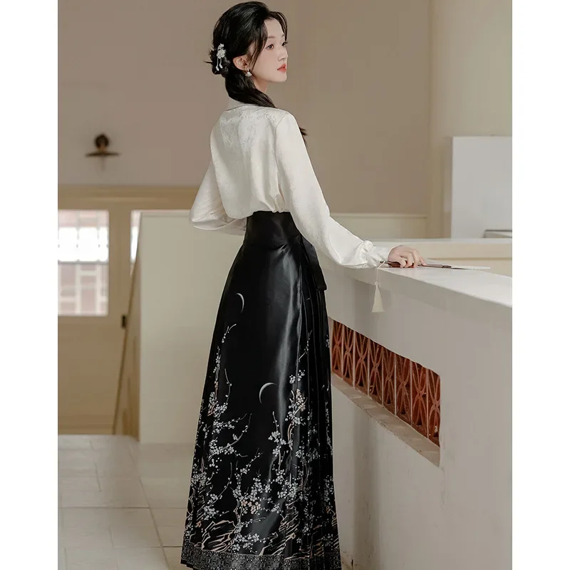 Novedad elegante Mamianqun primavera otoño Hanfu mejorado ropa tradicional china camisa de manga larga falda con cara de caballo estampada