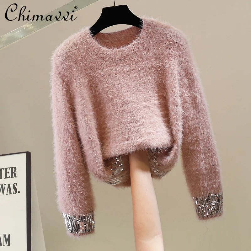 

Fashion Heavy Sequin Mixed Knit Plush Pullover Top Autumn Winter New Women's Round Neck Soft Long Sleeve Elegant Wool Sweater
