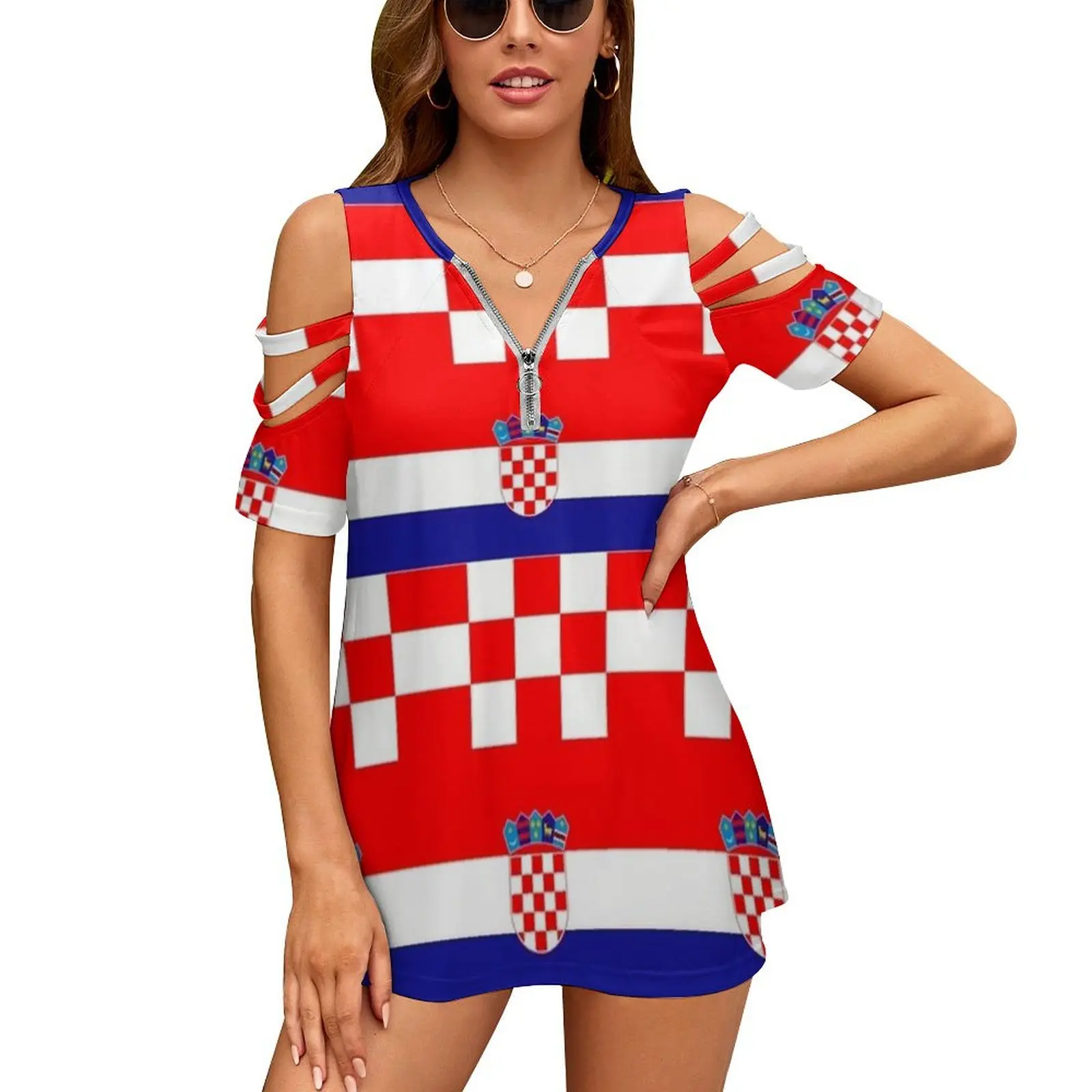 Croatia 3 Women Zipper Sexy Printed Vintage T Shirts Tops Full Print T-Shirt Coat Of Arms Of Croatia Republic Of Croatia