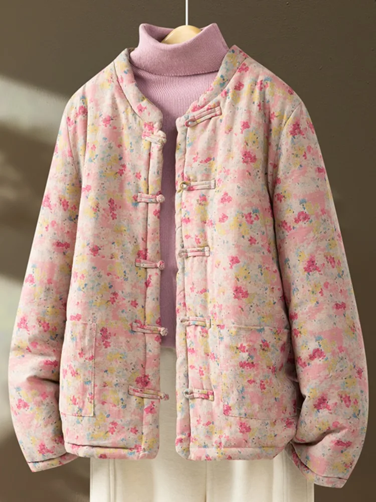 

Женское зимнее пальто Thiened Cotton Jaet с цветочным принтом, утягивающий дизайн, застежка на пуговицы, традиционный костюм Тан Sle