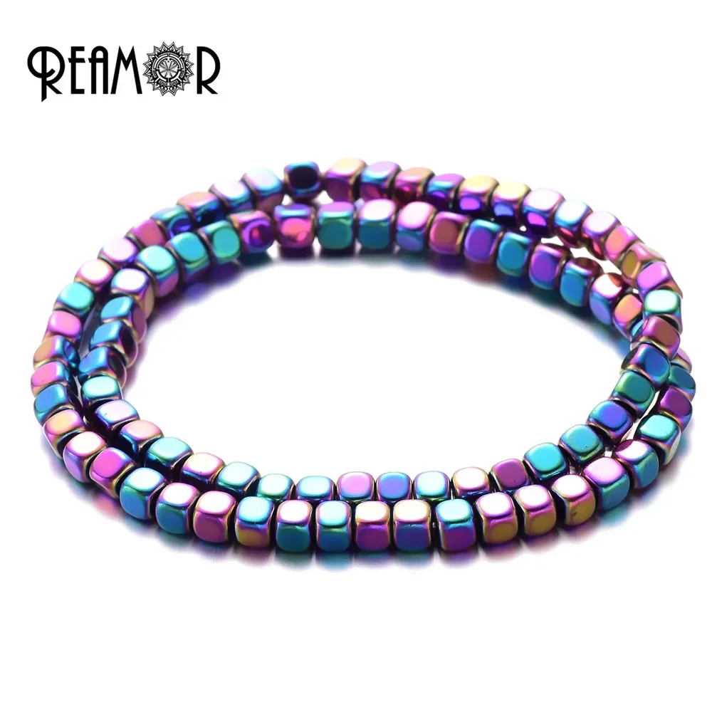 Reamor colorido camadas duplas hematita pedra pulseiras masculino jóias quadrado pedra natural ajustável estiramento frisado pulseira feminina