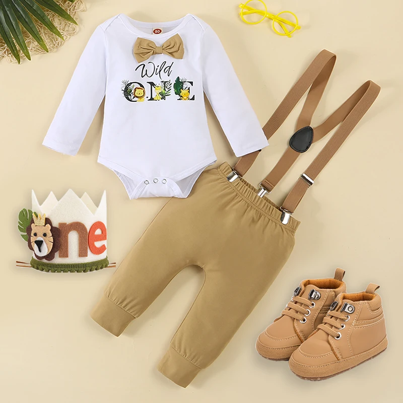 

Cute Cake Smash Outfit for Baby Boy and Girl Animal Them Birthday Clothes Set for Photoshoot Newborn Romper + Suspender Pants