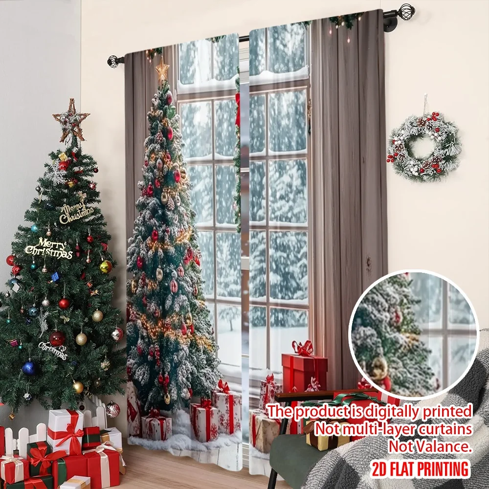 2 قطعة 2D الطباعة المسطحة عالية الجودة عيد الميلاد الستائر سانتا كلوز والرنة الشتاء المشهد3 دائم ألياف البوليستر الطرف و