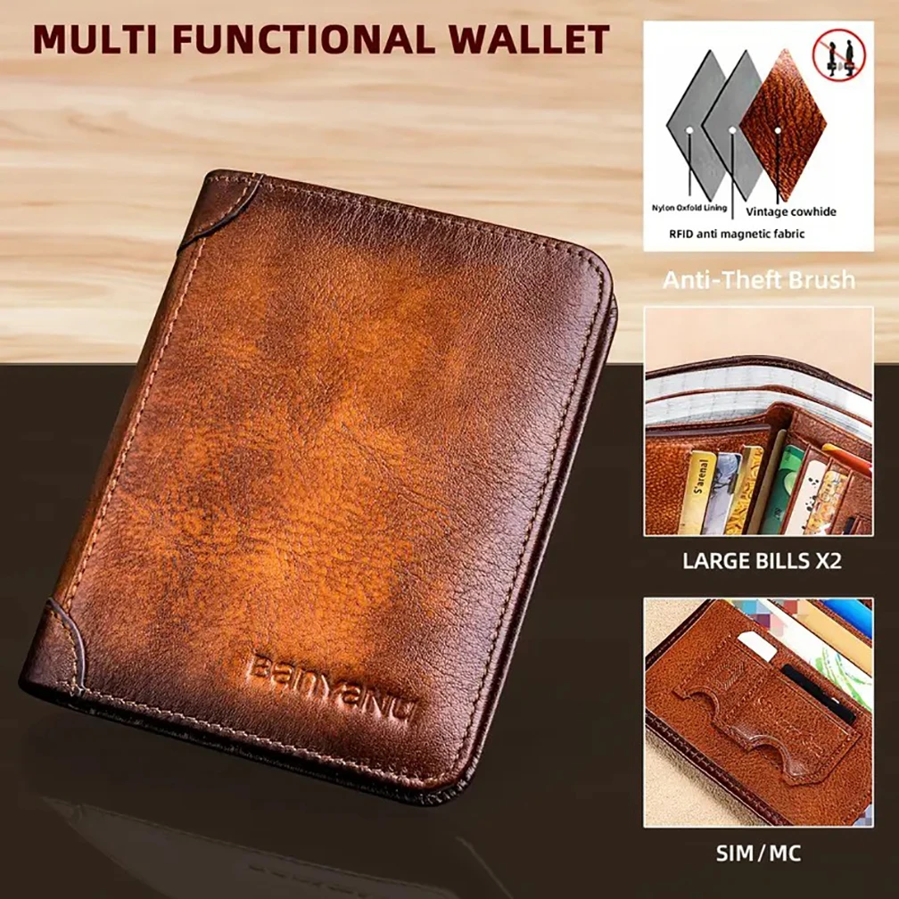 الرجال خمر محفظة جلدية حقيقية، RFID حجب المدمجة قصيرة ثلاثية الطي الطبقة العليا جلد البقر معرف حامل بطاقة الائتمان محفظة المال كليب #6