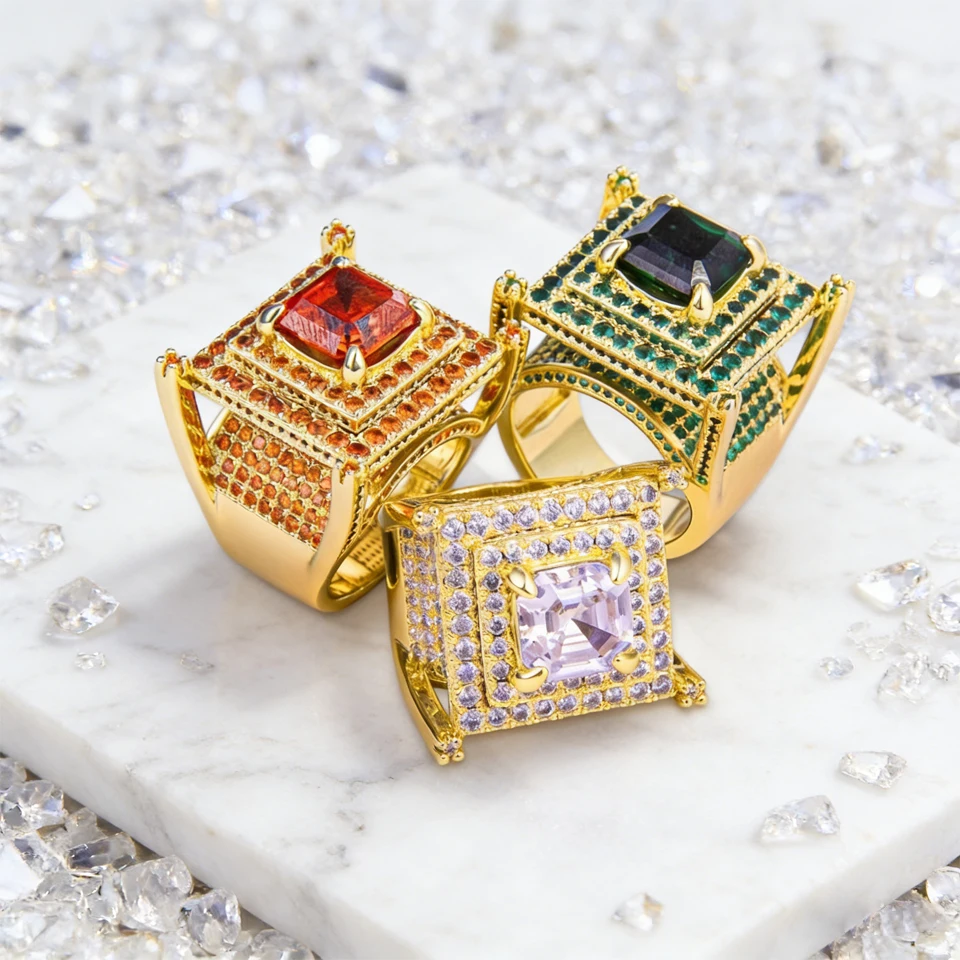 VANAXIN Hip Hop Square Big Zircon Iced Out Ring for Men Fashion Singer Rock Party High Quality Jewelry