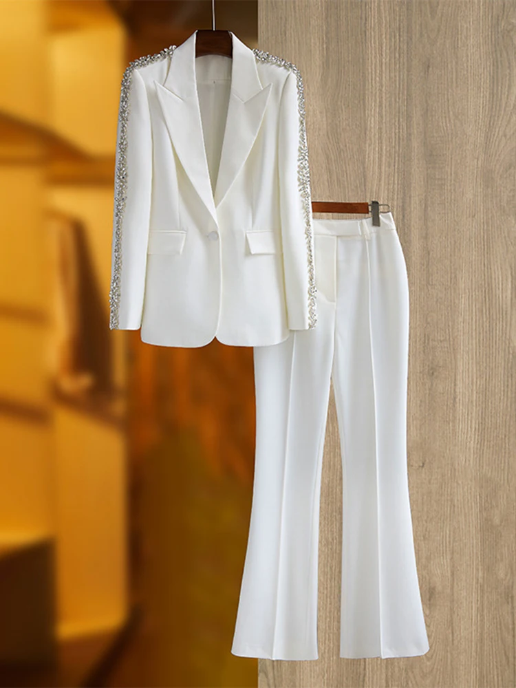 HIGH STREET Newest 2024 Runway Designer Suit Set Women's Career Style Single Diamonds Beaded Blazer Flare Pants Suit