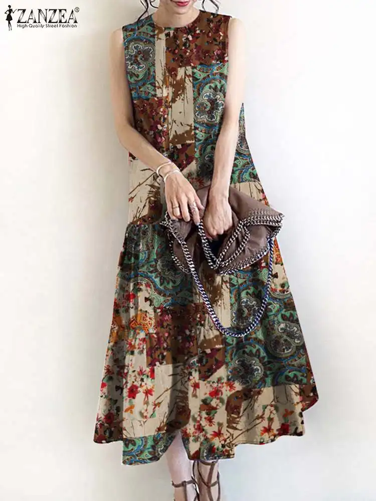 여성용 보헤미안 민소매 미디 원피스 로브, ZANZEA 빈티지 여름 꽃 프린트 선드레스, 캐주얼 루즈 파티 복장