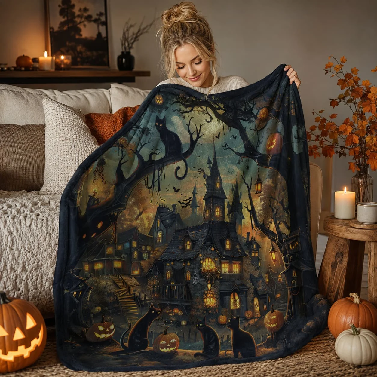 Halloween Decor Blanket: Cozy Fall Throw (Velveteen or Sherpa Fleece)