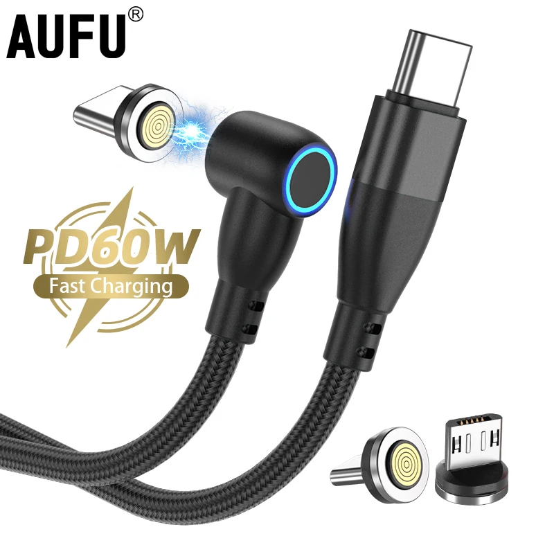 AUFU 3A Magnetic USB Type C Cable For Huawei P30 P40 Pro 60W Fast Charging Wire USB-C Charger Data Cord For Samsung Xiaomi Phone