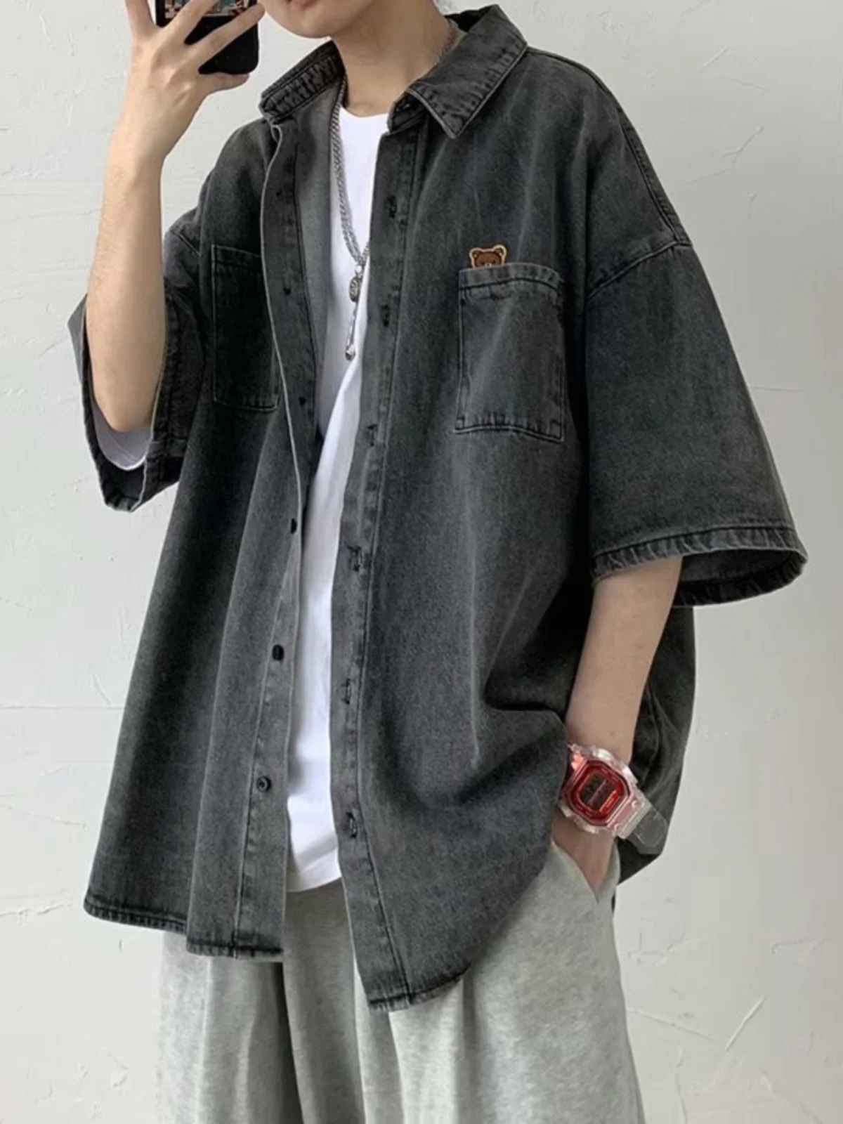 

Loose Casual Men's Summer Short Sleeve Denim Shirt Fashionable Street Style Japanese Hong Kong Design Loose Sleeve Jacket