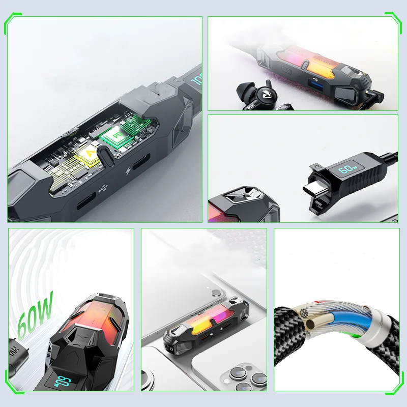 Cdragon محول الصوت Piva 4 في 1 محول بطاقة الصوت محطة الإرساء Type-C PD60W FPS EQ RGB 3.5 مللي متر محول منفذ للكمبيوتر اللوحي