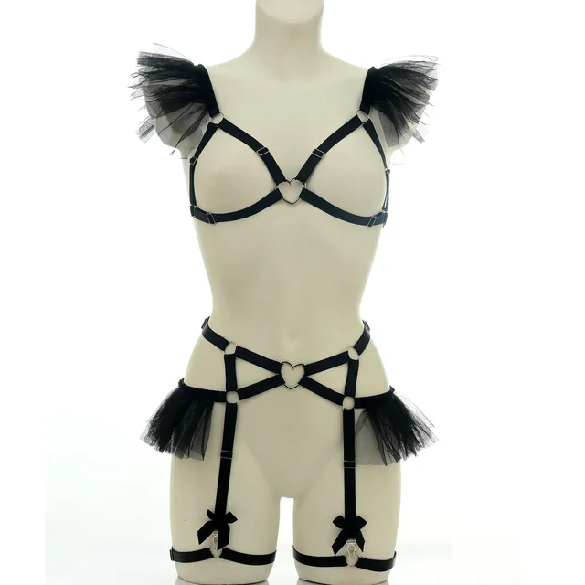 Pink Mesh Sexy Lingerie Women Heart Ring Body Harness Set Elastic Bondage Hollow Open Chest Harness Bra Adjustable Garter Belt