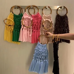 Bamboo Handle Handbags Handmade Crochet Tassel Bags for Women Bohemian Hollow Woven Bag Luxury Knitting Purse Female Tote Clutch