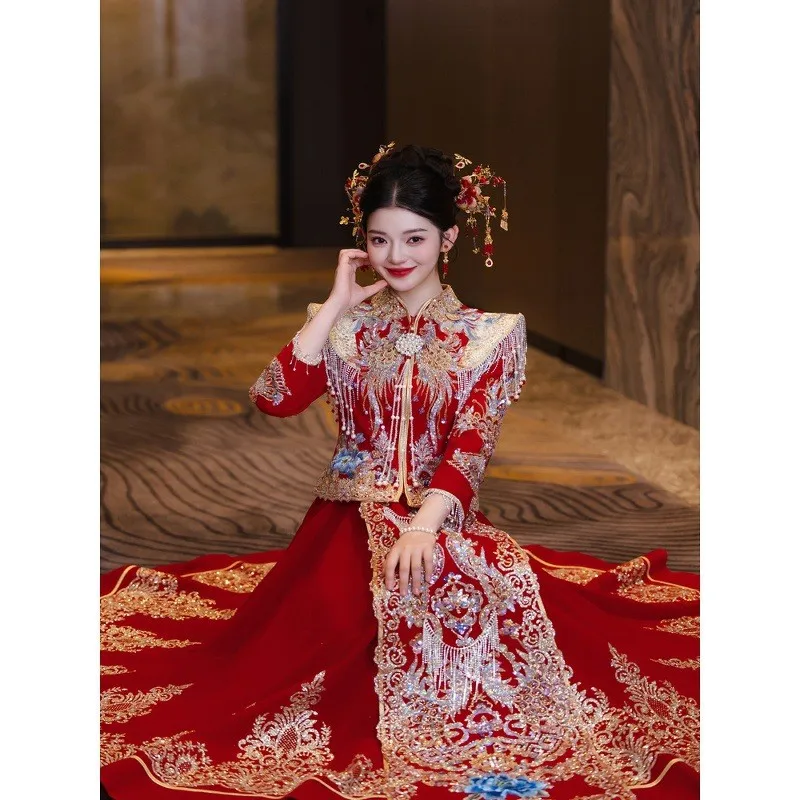 Velvet Chinese-style wedding dress heavy industry and toasting
