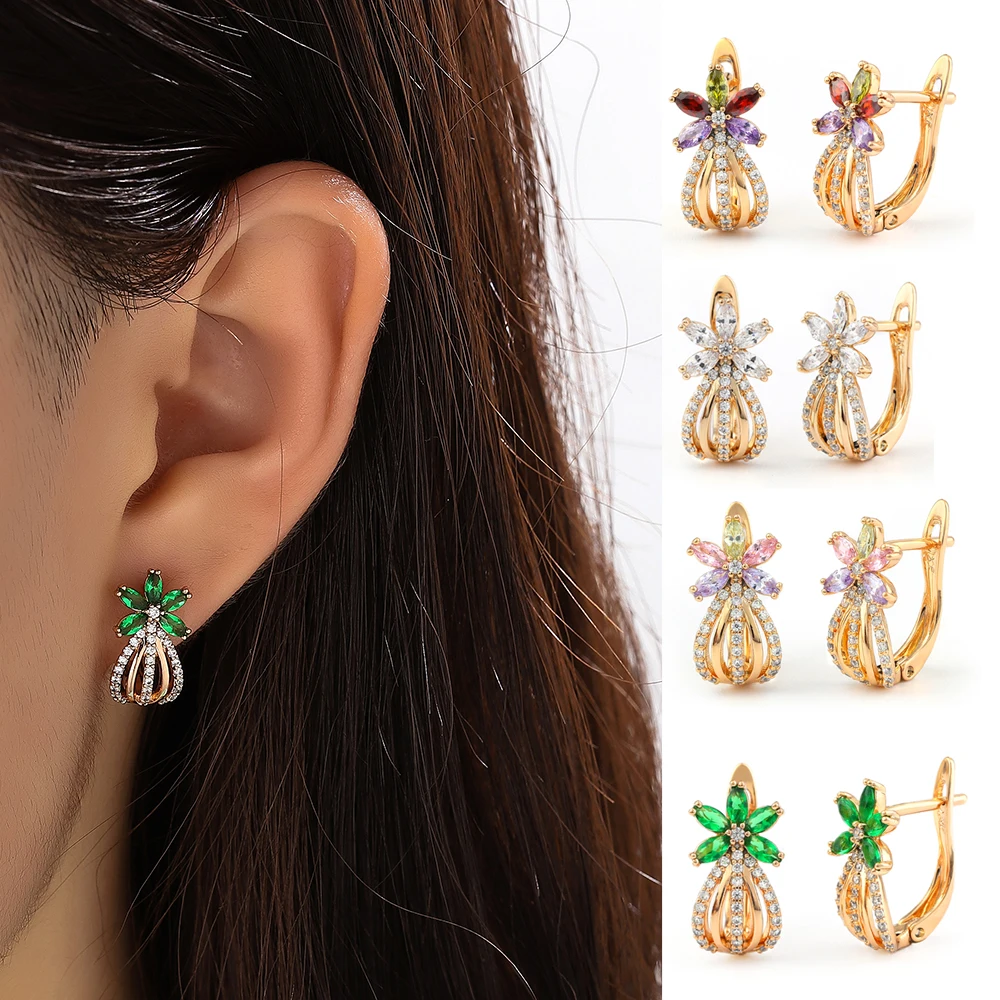 Fashion Flower Earrings  Diamond-Encrusted Net-Like Lantern-Shaped Colored Diamond Ear Studs Elegant / Stylish Jewelry For Girls
