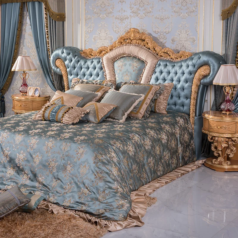 Palace French Luxury Villa Furniture Bedroom Champagne Gold Carved Embroidered Fabric High end Bed